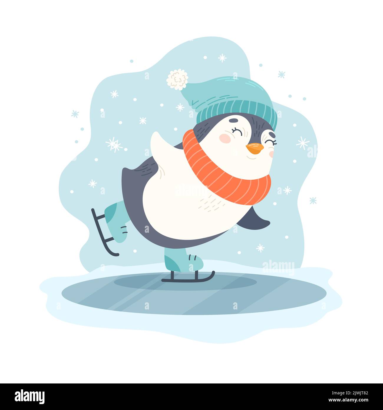 Penguin skating. Winter character with hat and scarf ice skates on ice rink. Cute seasonal vector illustration in flat cartoon style Stock Vector