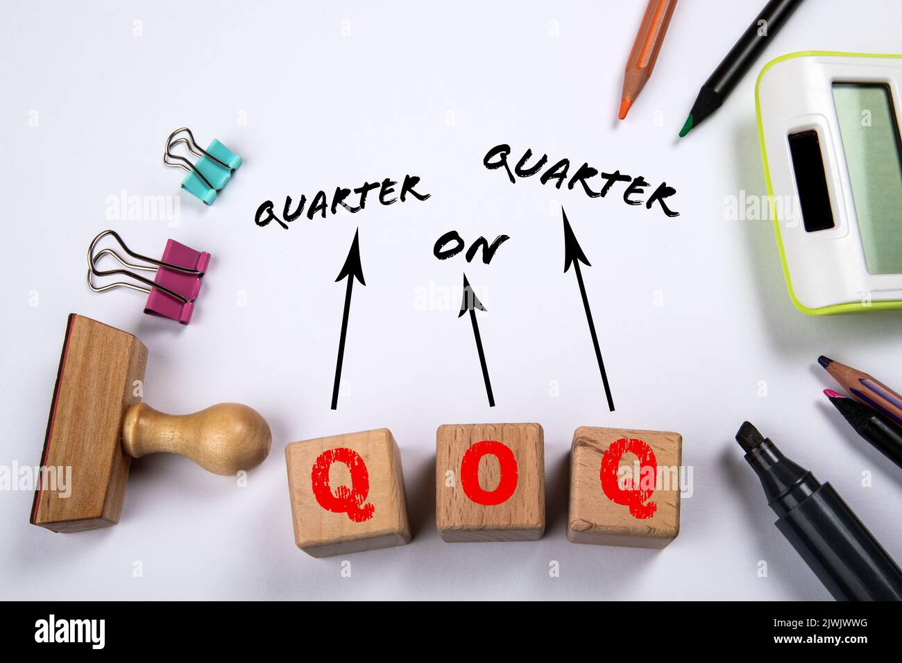 QOQ - Quarter On Quarter. White office desk. Stock Photo