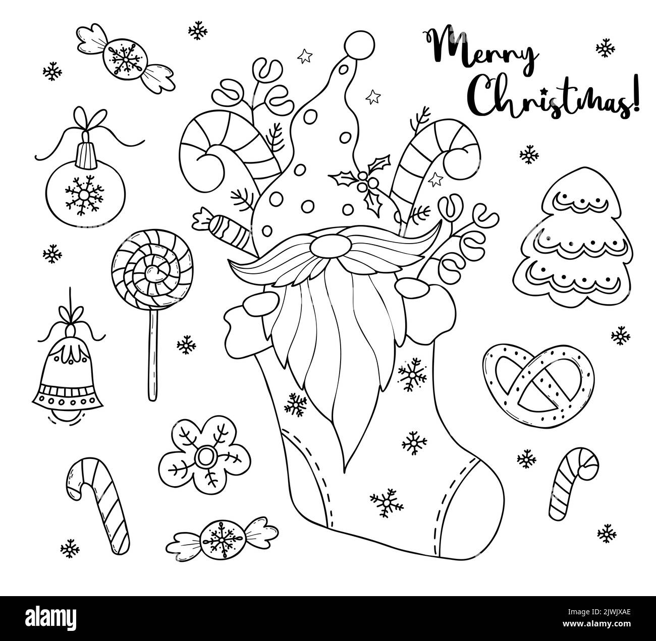 Christmas Collection. Scandinavian gnome in Christmas sock with caramel sticks, gingerbread, balls, lollipop, and candies. Vector Linear hand drawn do Stock Vector