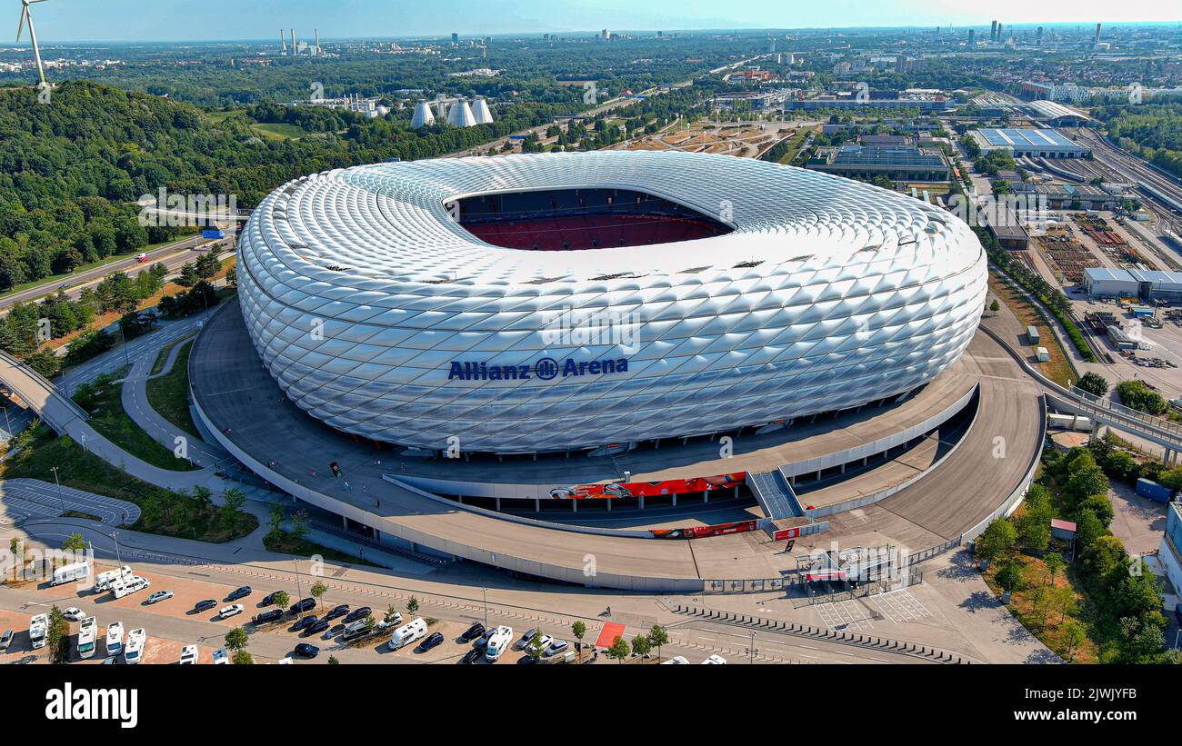 MUNICH, GERMANY - August 20, 2022: The Allianz Arena football stadium aerial view. Home of FC Bayern Munich from Bundesliga German Football League Stock Photo