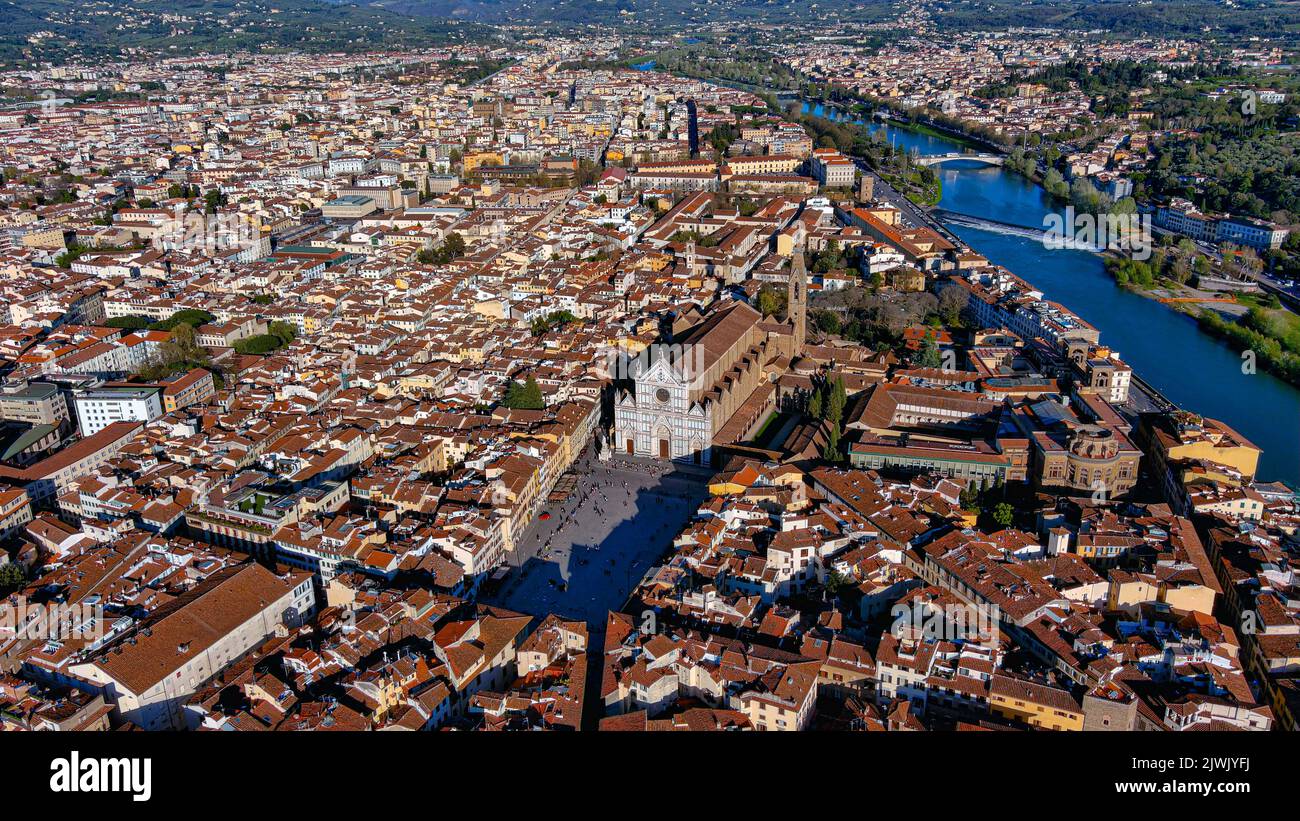 Basilica of Santa Croce, Florence, Italy. Santa Croce Neo-Gothic Franciscan church is one of the main landmarks of the city. Aerial scenic view Stock Photo