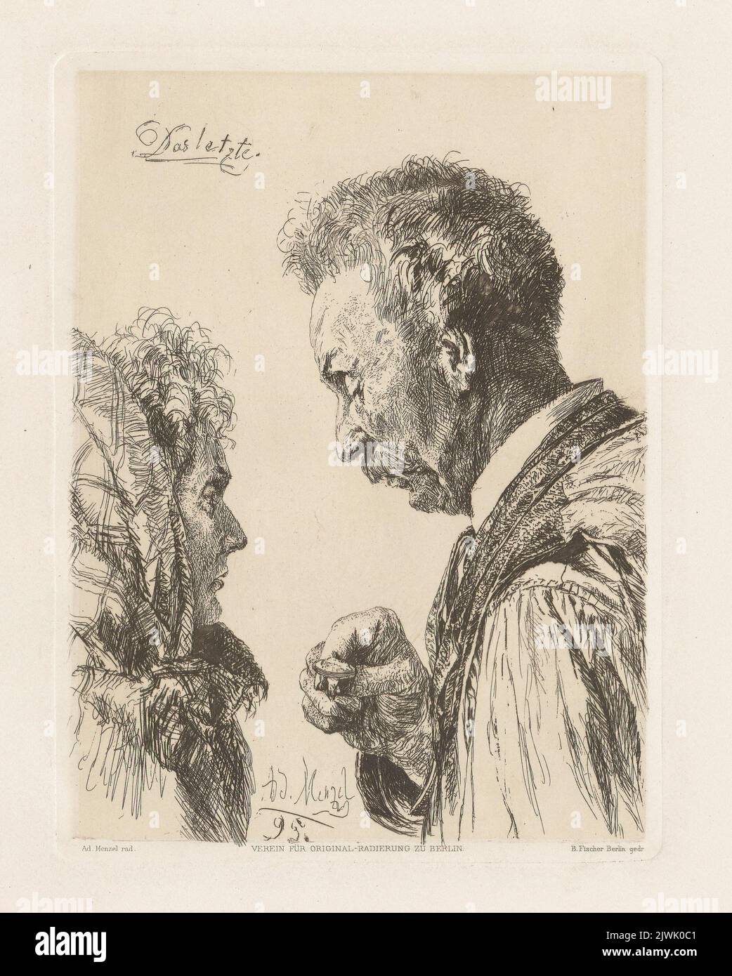 Stary mężczyzna pokazuje kobiecie pierścień z kameą. Menzel, Adolph (1815-1905), graphic artist Stock Photo