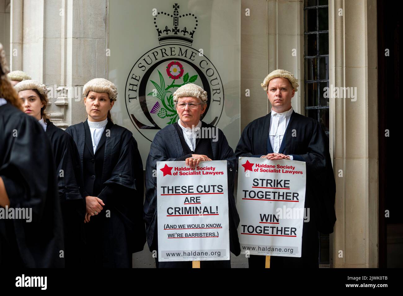 London, UK.  6 September 2022.  Criminal barristers outside the Supreme Court in Parliament Square during a protest demanding increases to their pay for legal aid services.  Credit: Stephen Chung / Alamy Live News Stock Photo