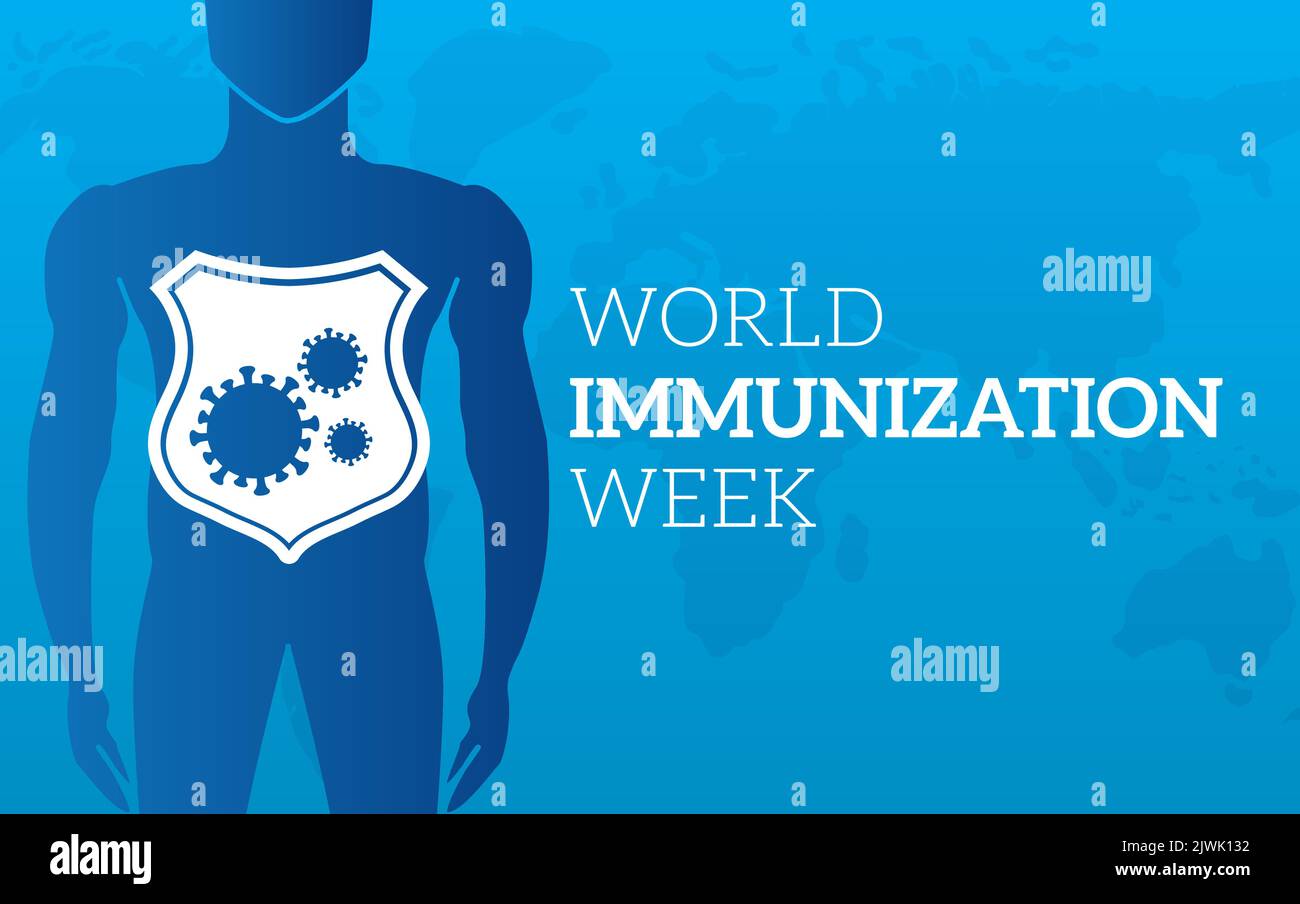 World Immunization Week Blue Vector Illustration Banner with a Man and Shield Stock Vector