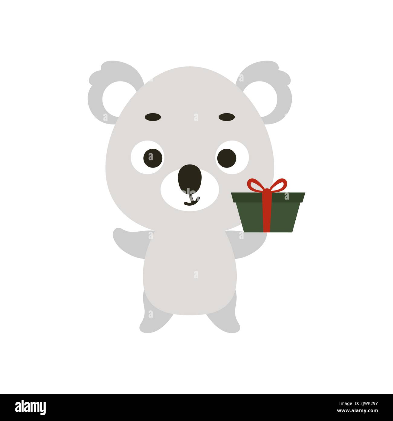 Cute little koala with gift box on white background. Cartoon animal character for kids t-shirt, nursery decoration, baby shower, greeting card, invita Stock Vector
