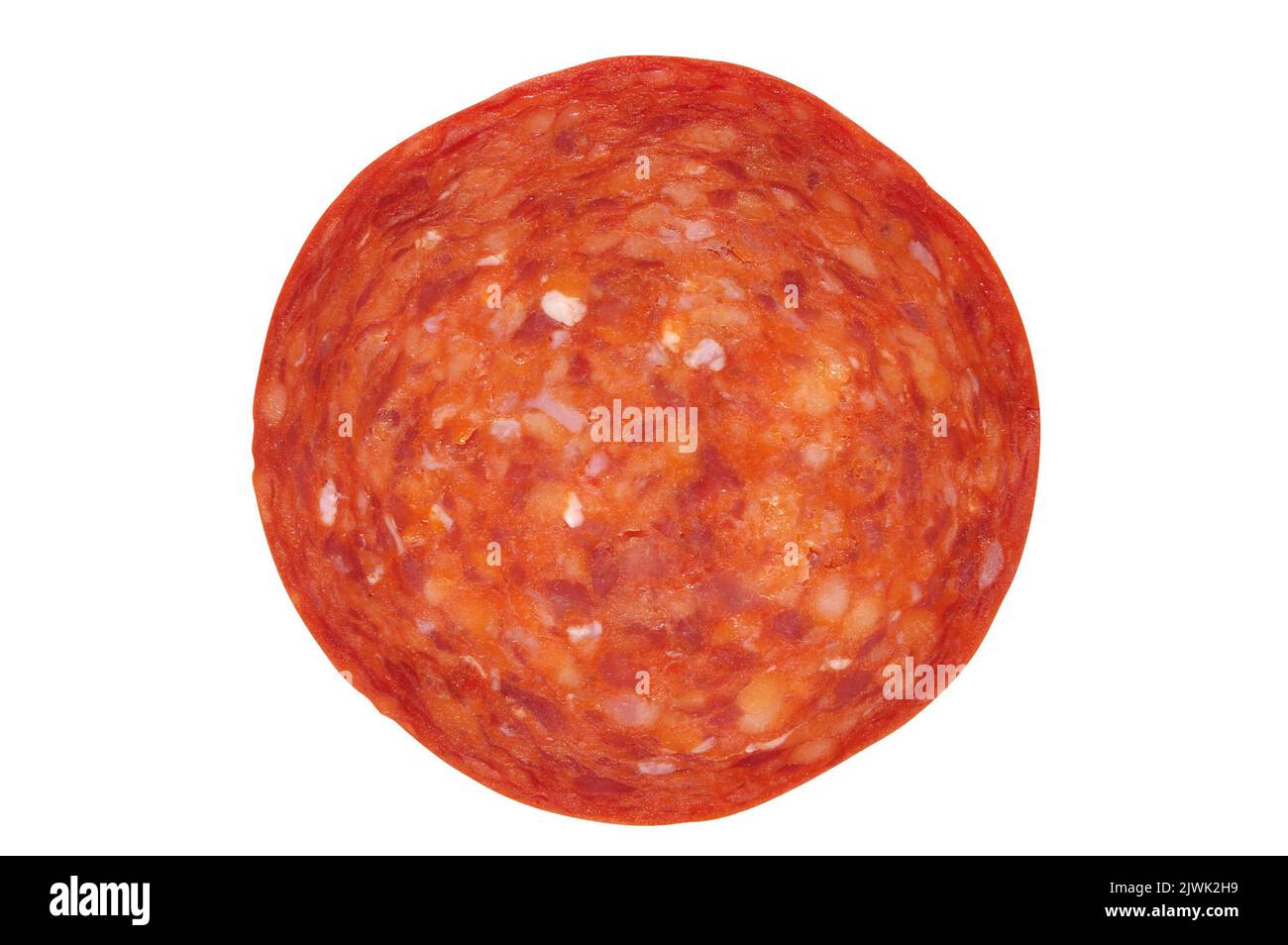 Single slice of pepperoni meat isolated on white with path, shot from