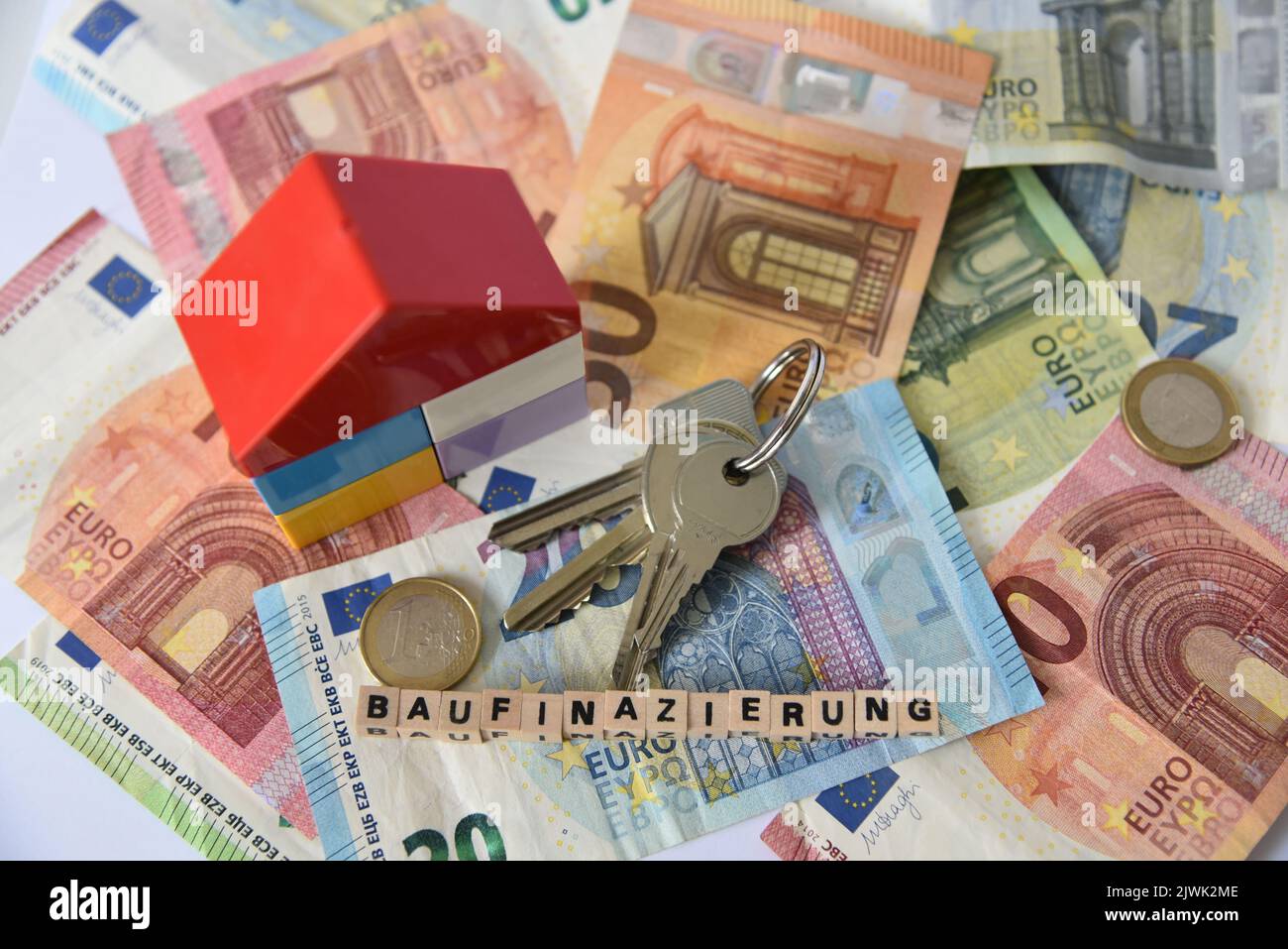 euro bank notes and the word baufinanzierung Stock Photo
