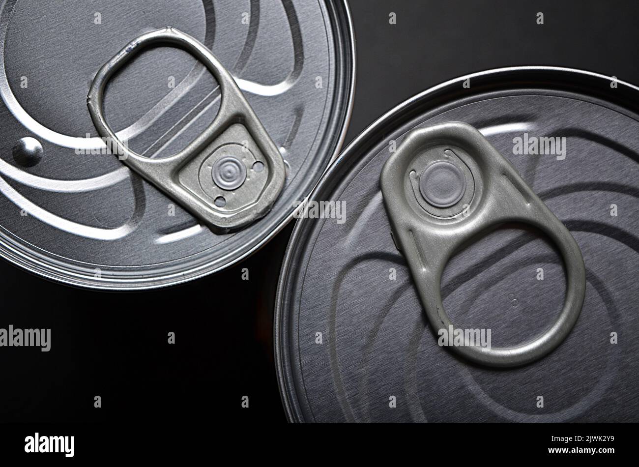 Two food cans shot from above showing ring pull Stock Photo