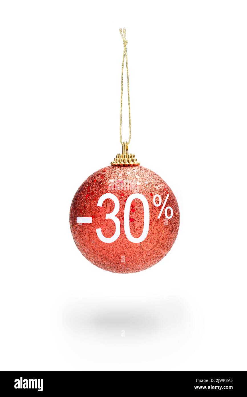 Christmas ball hanging from cord. 30% sale off. Stock Photo