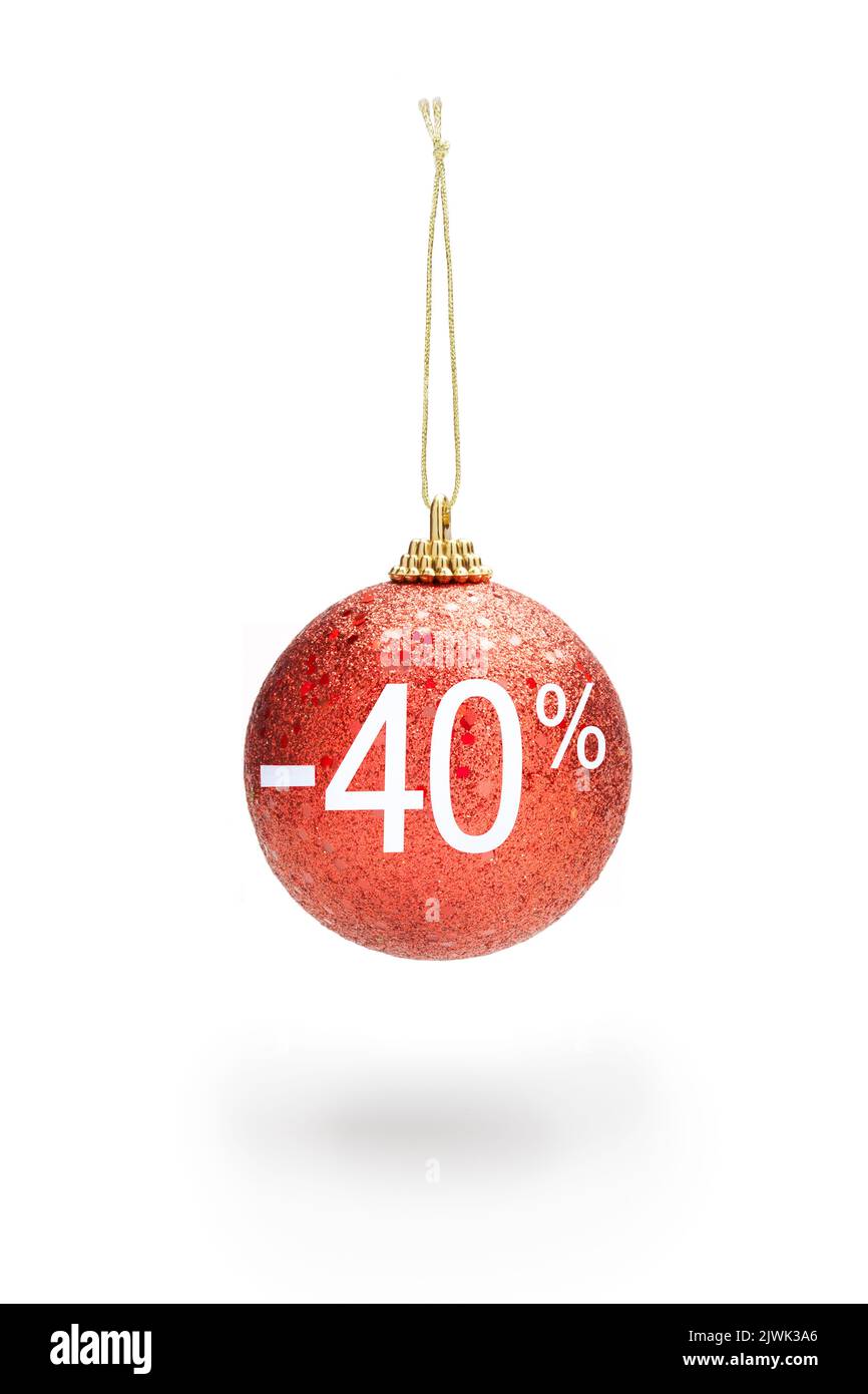 Sparkling red color christmas ball hanging from cord. 40% sale off advice Stock Photo