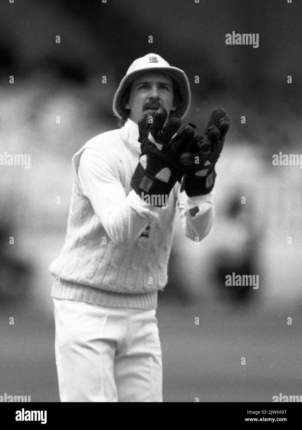 Cricket 2nd Test England versus NewZealand, Lords, 25 June 1990 England wicketkeeper Jack Russell  Photo by Tony Henshaw Stock Photo