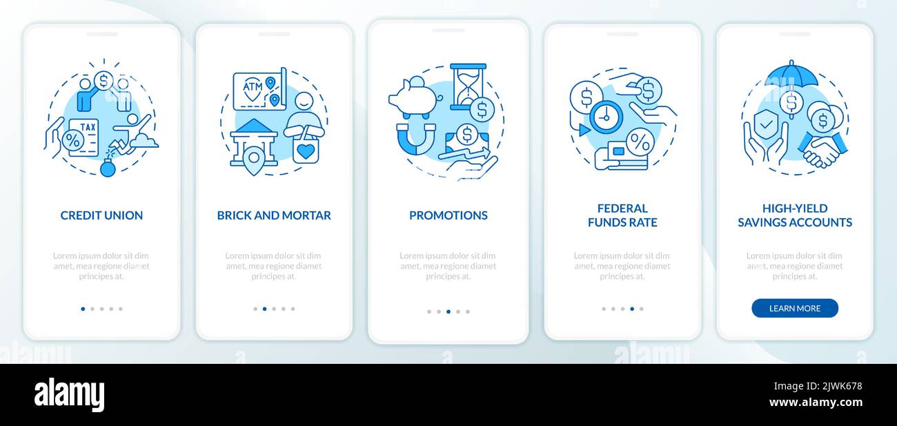 Savings accounts blue onboarding mobile app screen Stock Vector