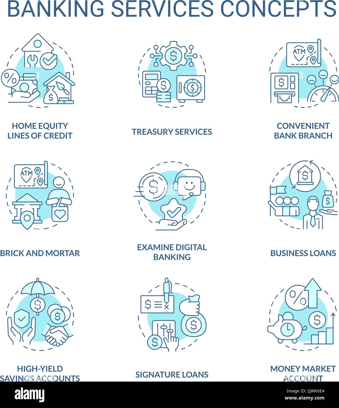 Banking services turquoise concept icons set Stock Vector