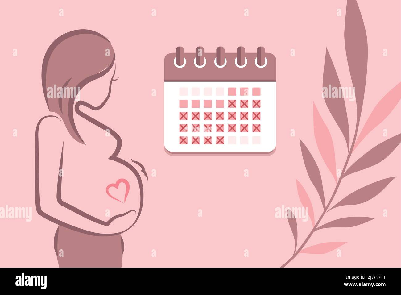 pregnant woman girl with baby belly and calendar illustration Stock Vector