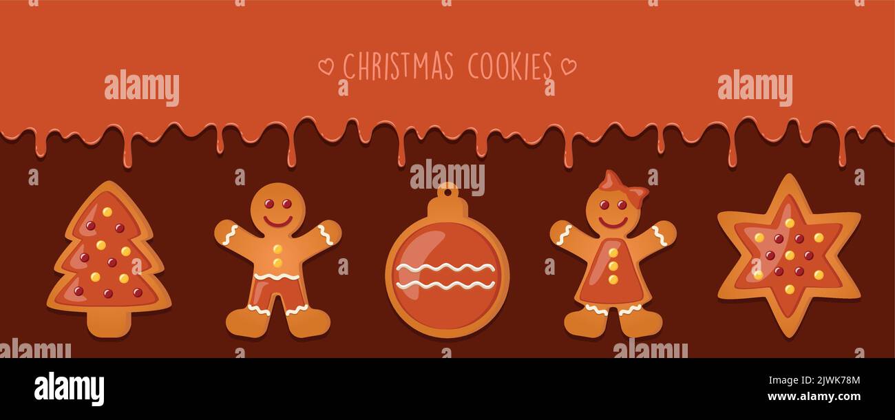 sweet tasty melting chocolate icing and gingerbread man set christmas card Stock Vector