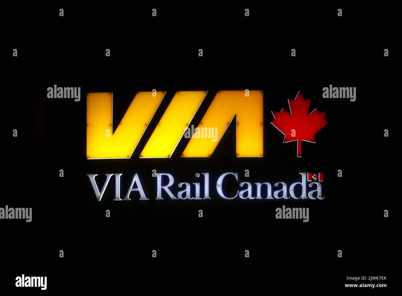 VIA Rail Canada Logo Banner at the Halifax Inter-city Railway Station. Halifax forms the eastern transcontinental. HALIFAX, NOVA SCOTIA, CANADA Stock Photo