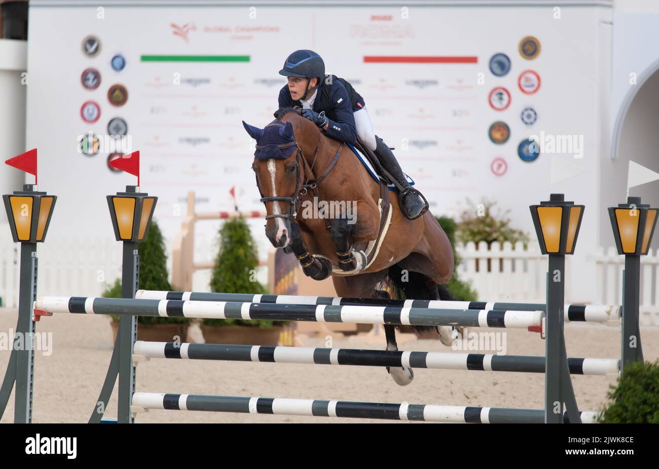 Horse jumping during equestrian competition. Rome, Italy, 2-4 september 2022, Equestrian Jumping Championship Stock Photo