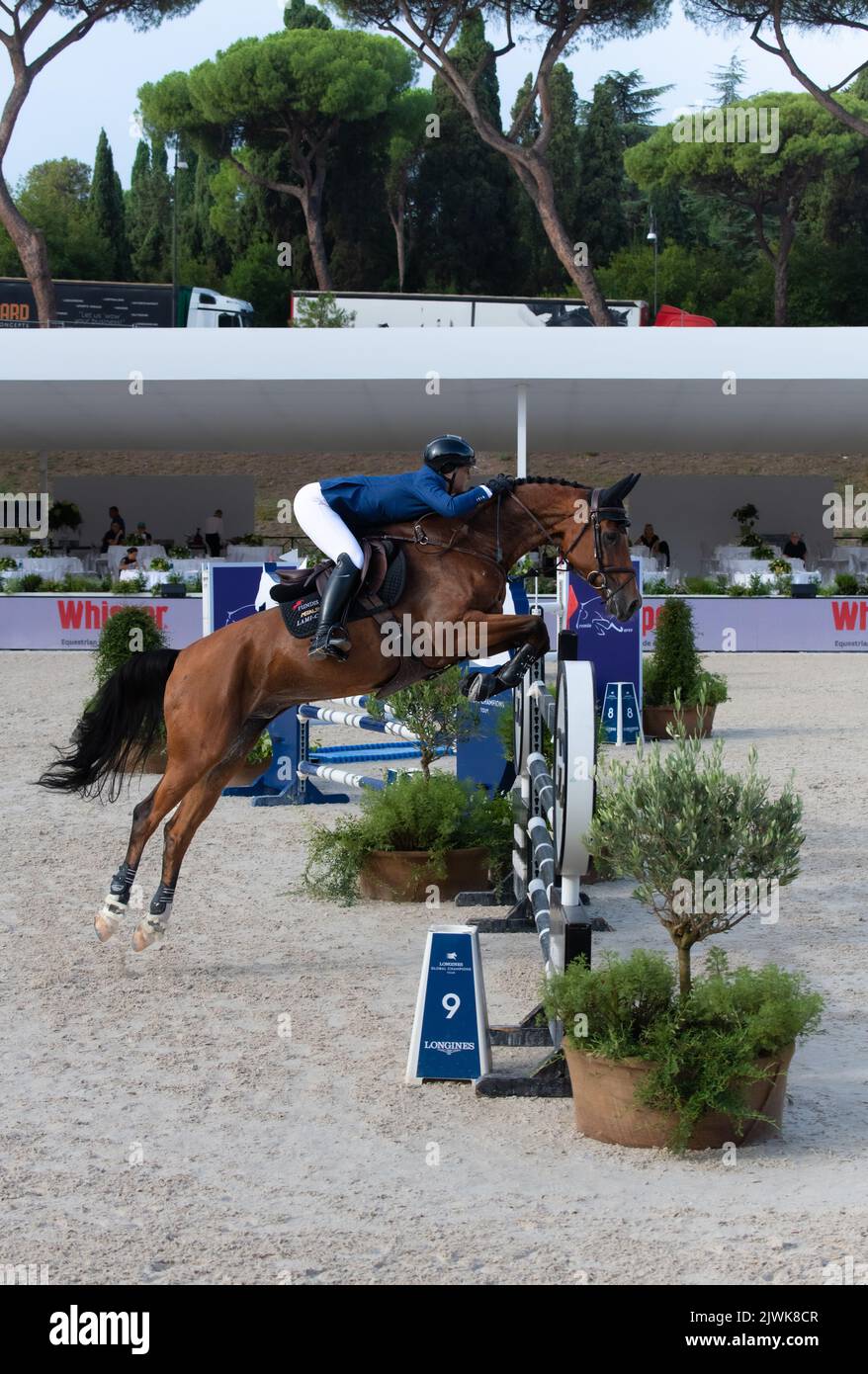 Horse jumping during equestrian competition. Rome, Italy, 2-4 september 2022, Equestrian Jumping Championship Stock Photo