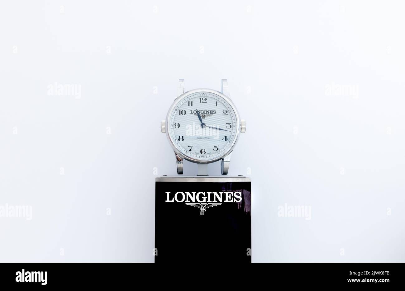 Longines classic style watch in showroom against white background. Rome, Italy, august 31 2022 Global Champions Tour Stock Photo