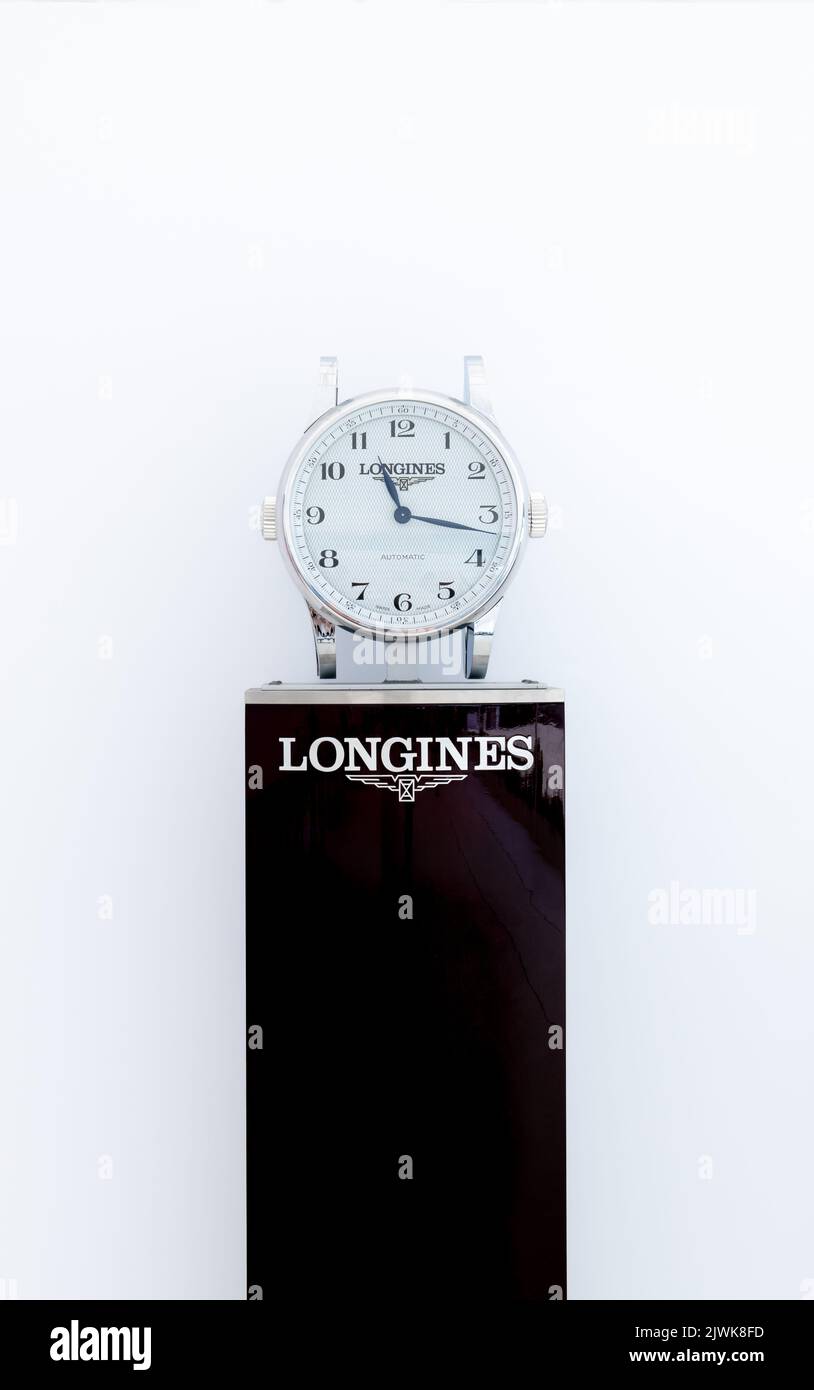 Longines classic style watch in showroom against white background. Rome, Italy, august 31 2022 Global Champions Tour Stock Photo