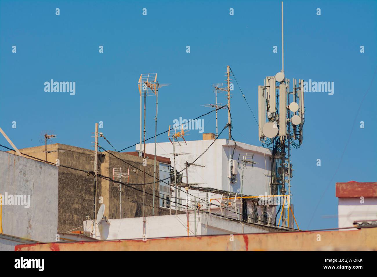 Tower with wifi network antennas, with some masts with television