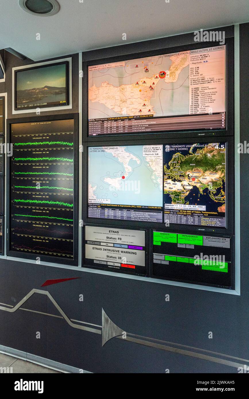 At the INGV volcanology research institute in Catania, Sicily, monitoring screens show Mount Etna's volcanic activity and seismic tremors in real time Stock Photo