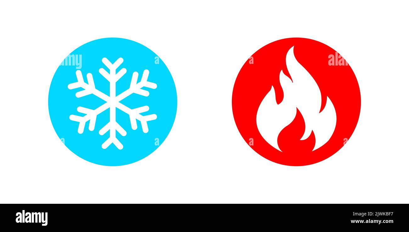 Hot and cold icon set. Fire and snowflake sign. Heating and cooling button. Isolated on white background Stock Vector