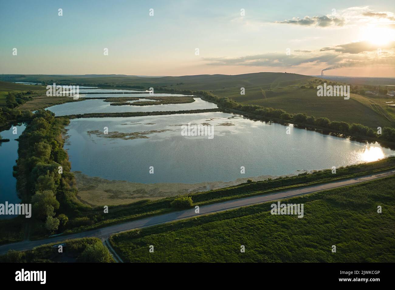 Aerial view of fish hetching pond with blue water in aquacultural area Stock Photo