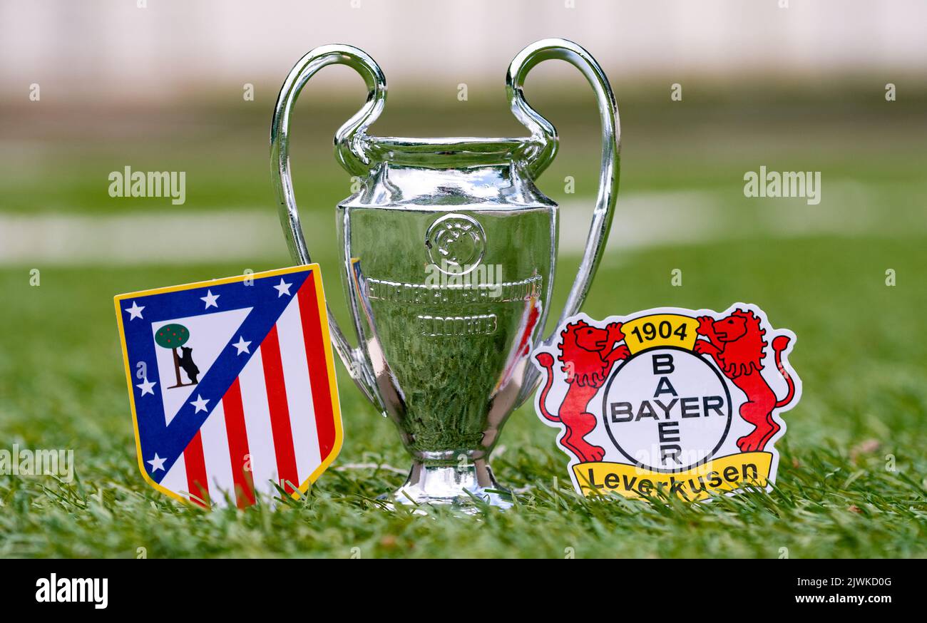 September 3, 2022, Moscow, Russia. Emblems of football clubs participating in the group stage of the UEFA Champions League Atletico Madrid and Bayer 0 Stock Photo
