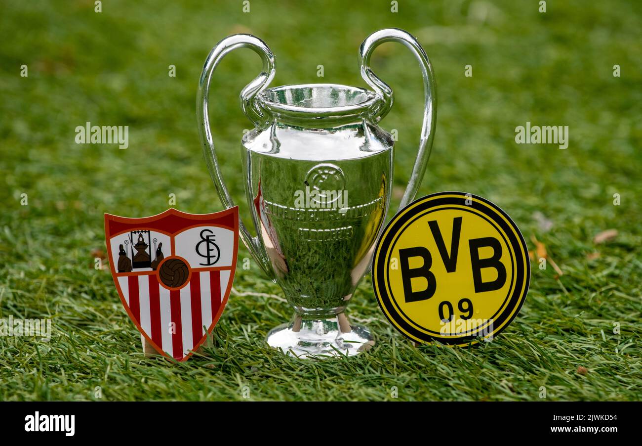 September 3, 2022, Moscow, Russia. Emblems of football clubs participating in the group stage of the UEFA Champions League Borussia Dortmund and Sevil Stock Photo