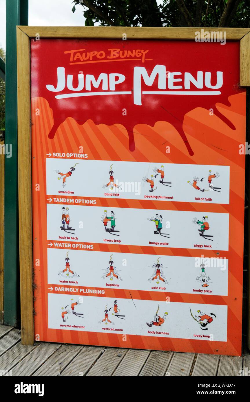 A bungy jump safety display board at the Taupo Cliff Hanger Swing platform jump at Taupo, a town on Lake Taupo, a volcanic caldera near the centre of Stock Photo