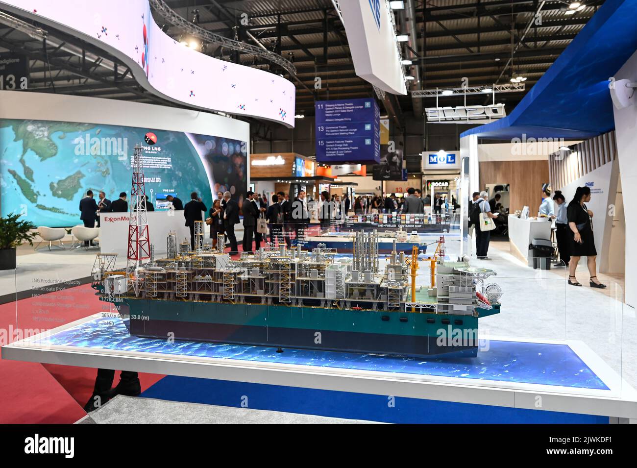 MILAN, ITALY - SEPTEMBER 6, 2022: a view of the DSME stand during Gastech 2022 trade show event in Milan Fair. Visitors and people in the hall walk through exhibitors stands and exhibit booths. Stock Photo