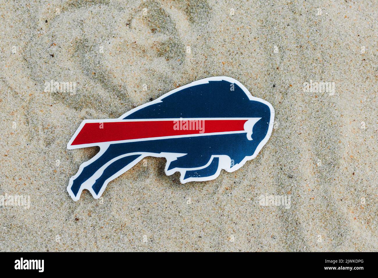 September 15, 2021, Moscow, Russia. The logo of the Buffalo Bills football club on the sand of the beach. Stock Photo