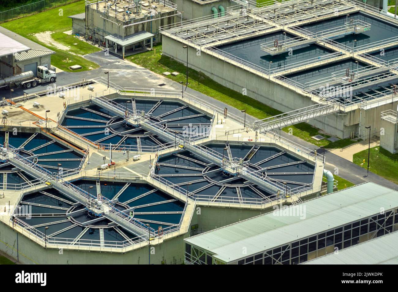 Aerial view of modern water cleaning facility at urban wastewater