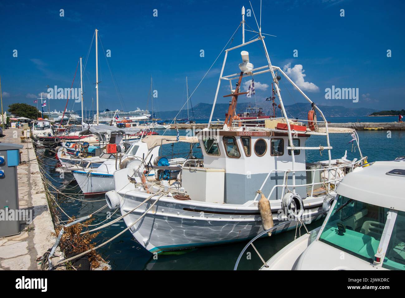 Fishing boats moored in the Old Port of Corfu Stock Photo