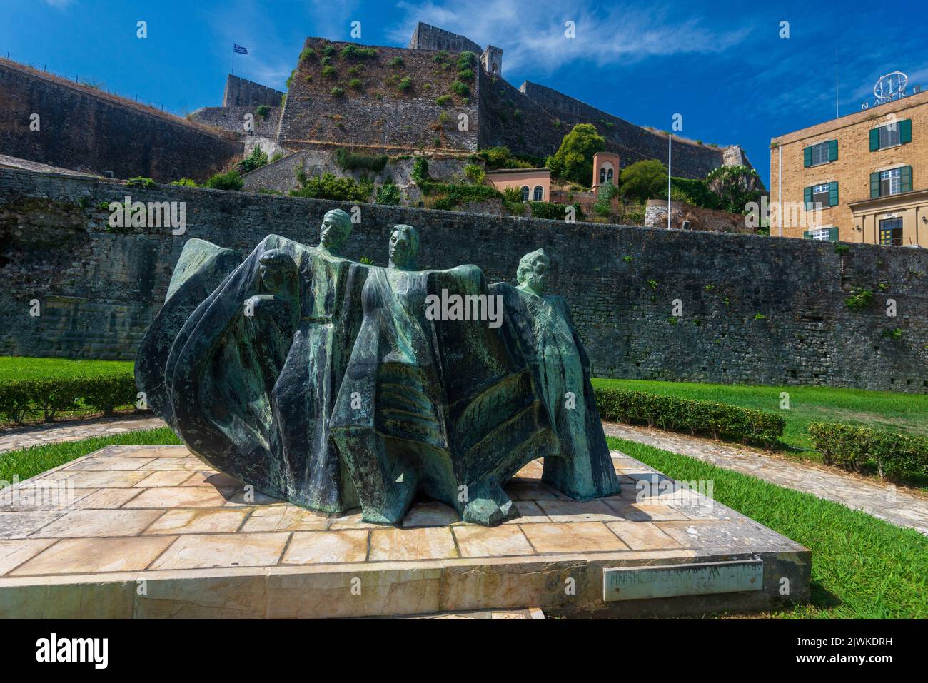 The National Resistance Monument below the New Fortress, Corfu Town in memory to the members of the Greek Resistance who fought the Nazis Stock Photo