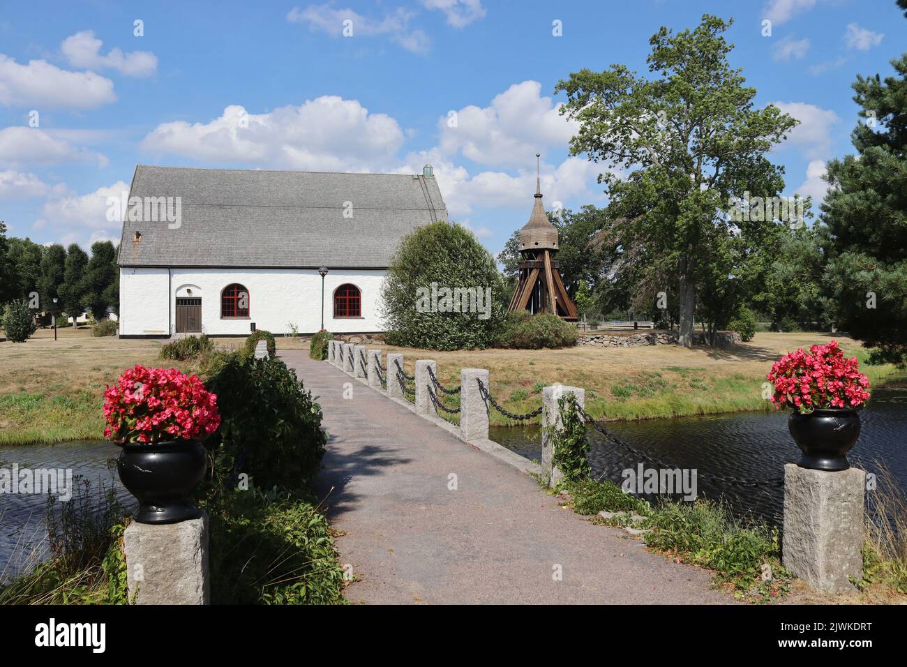 The 18th century church and bell tower of Vissefjärda, in the Emmaboda Municipality of Småland in Sweden. Stock Photo