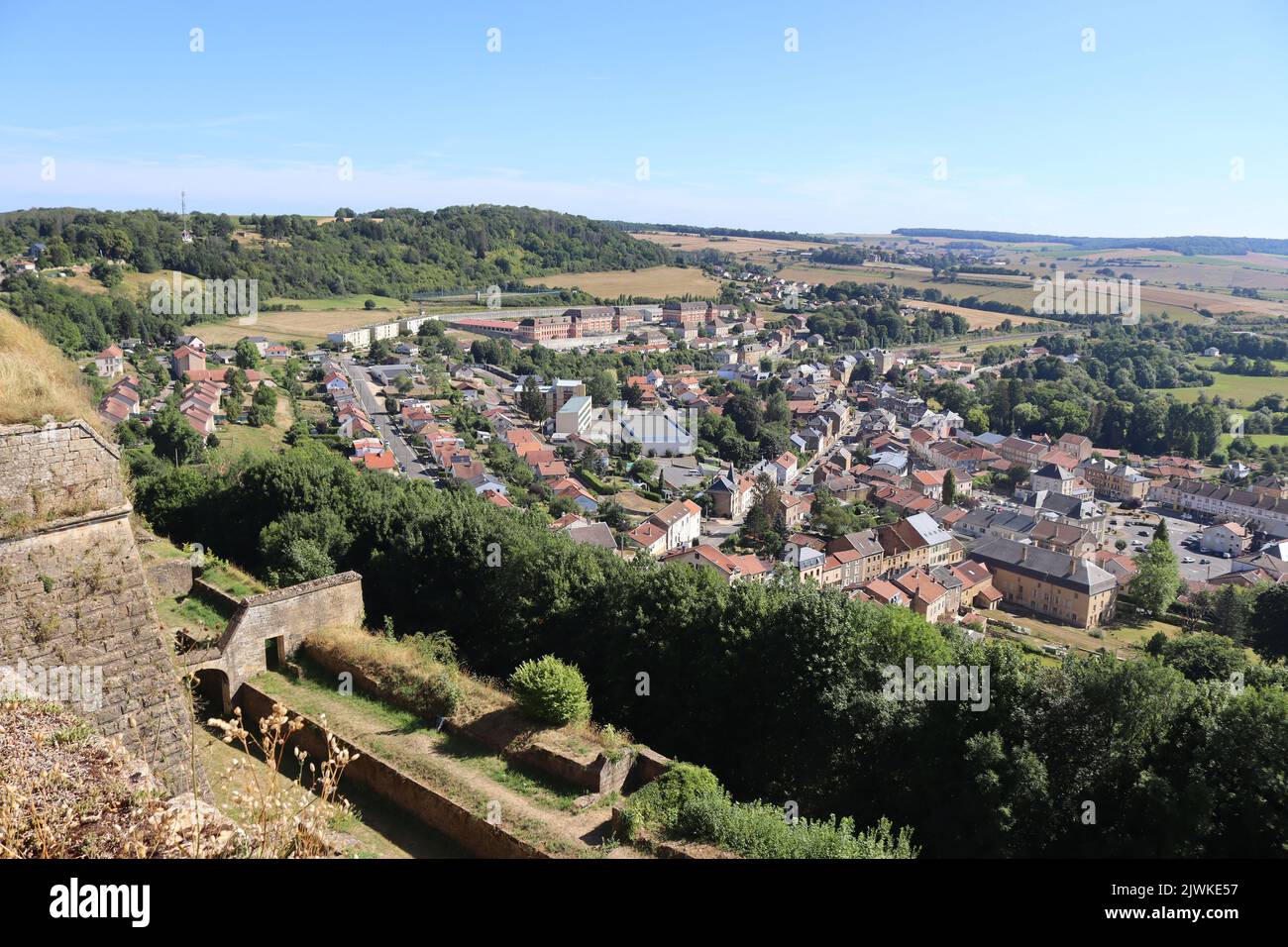 Aerial view of the town of Montmédy and the surrounding countryside of Lorraine, from walls of the fortified Citadelle of Montmédy (Montmédy-haut) in Stock Photo