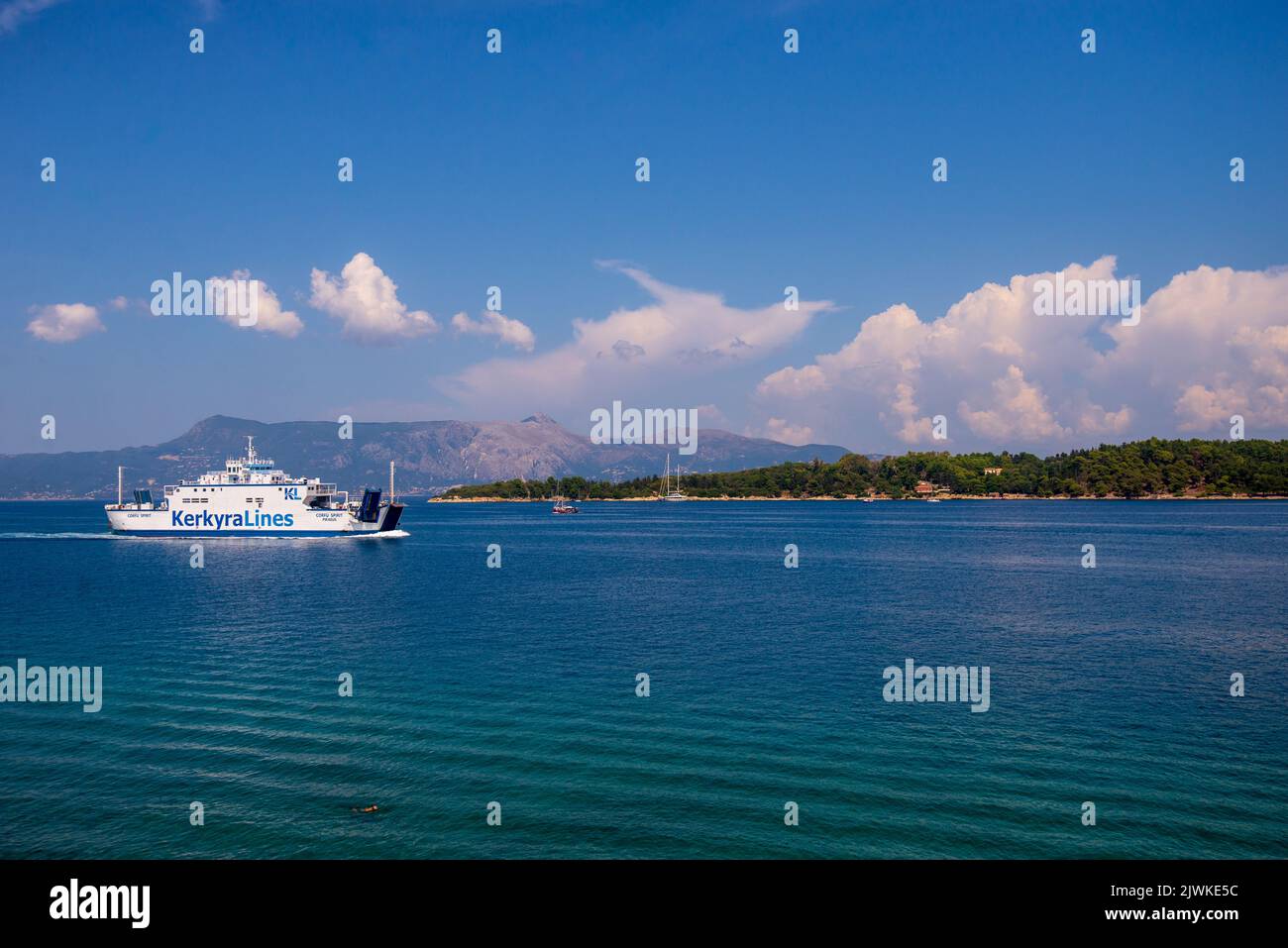 Vidos Island viewed from Corfu Town, Corfu, Greece, Ionian Sea Stock Photo