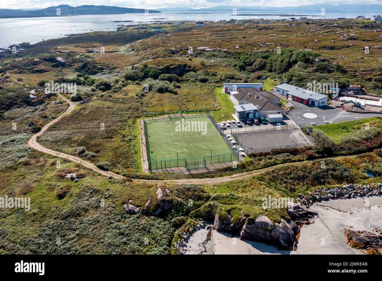 Aerial view of Arranmore GAA pitch in Leabgarrow on Arranmore Island in County Donegal, Republic of Ireland. Stock Photo