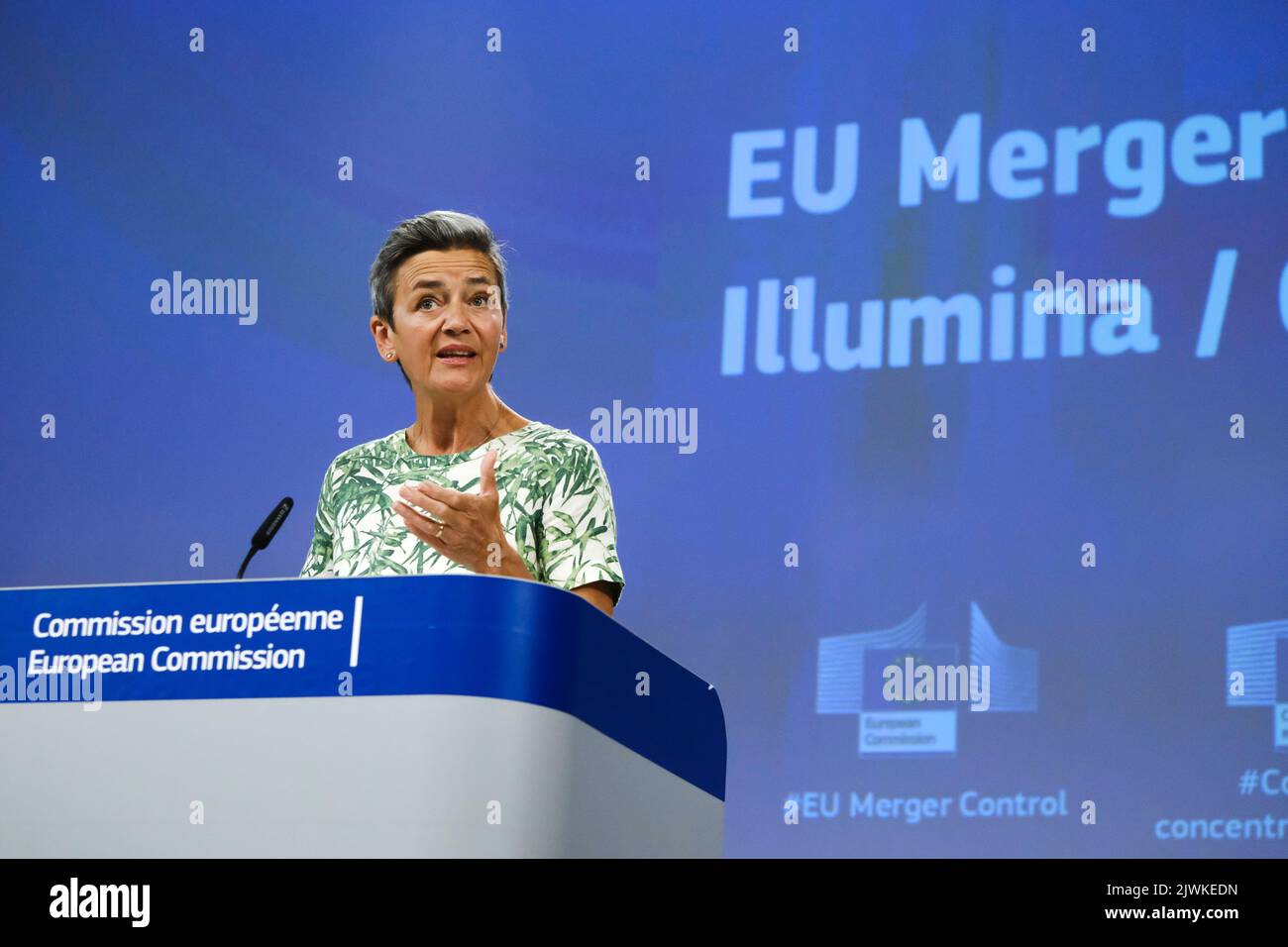 Brussels, Belgium. 06th Sep, 2022. Press conference by Executive Vice-President of European Commission Margrethe VESTAGER on EU Merger Controls in Brussels, Belgium on Sep. 6, 2022. Credit: ALEXANDROS MICHAILIDIS/Alamy Live News Stock Photo