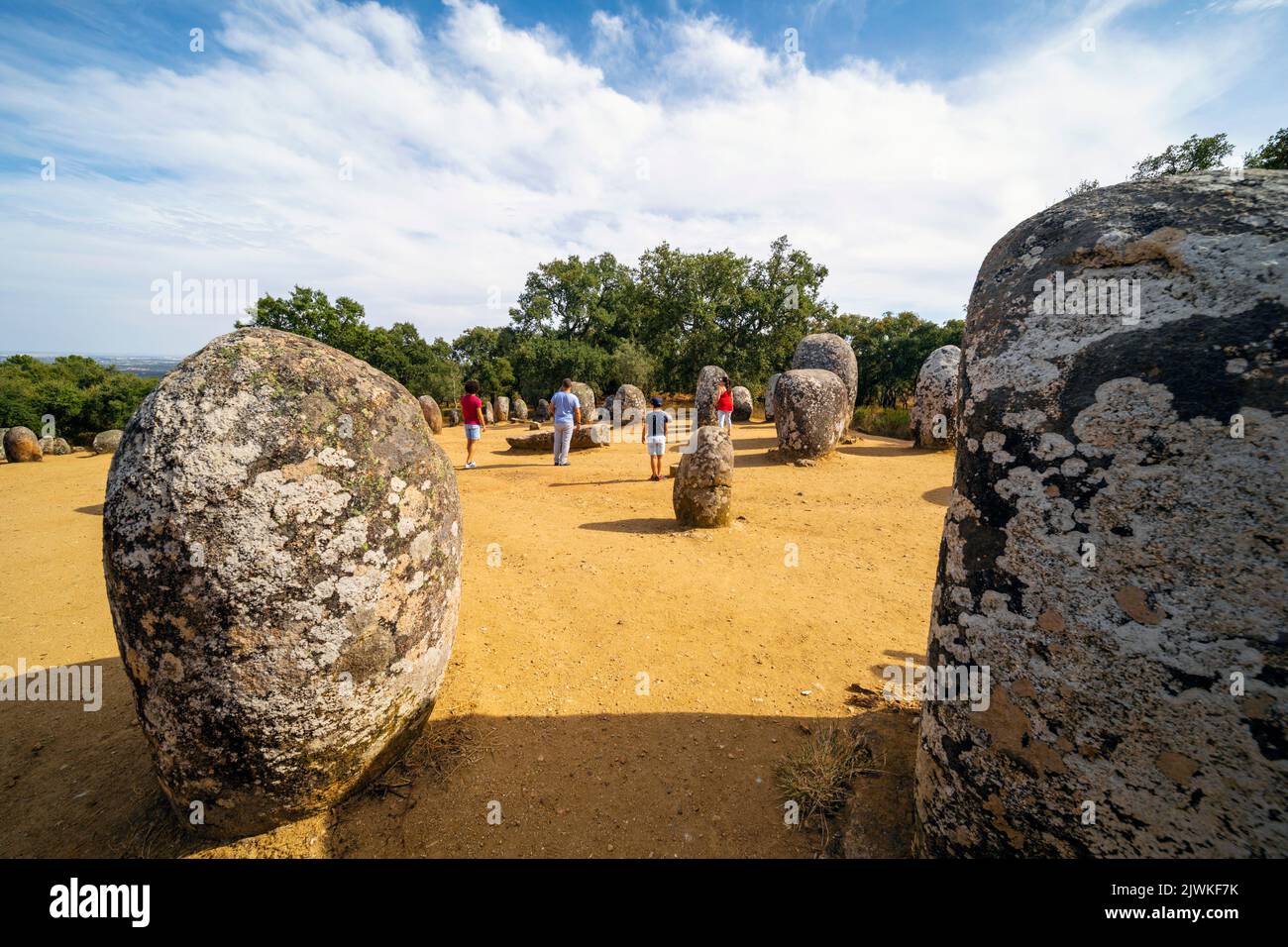 near Evora, Evora District, Alentejo, Portugal.  Cromeleque dos Almendres, or Cromlech of the Almendres neolithic standing stones.  Archeologists esti Stock Photo