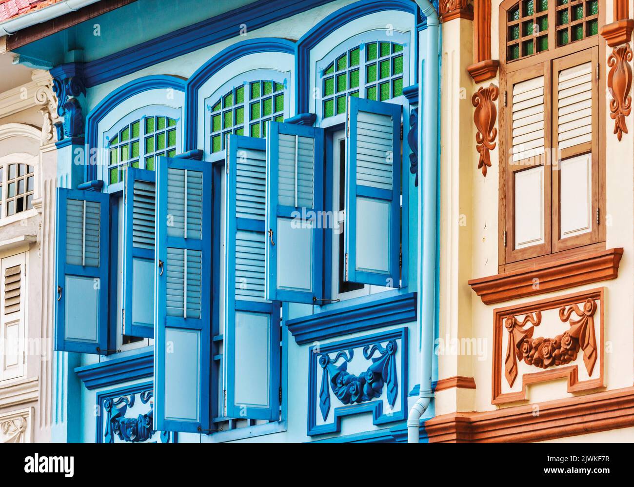 Detail of traditional architecture in Racecourse Road, Republic of Singapore.  It is part of a style of building known as a shophouse, a southeast Asi Stock Photo