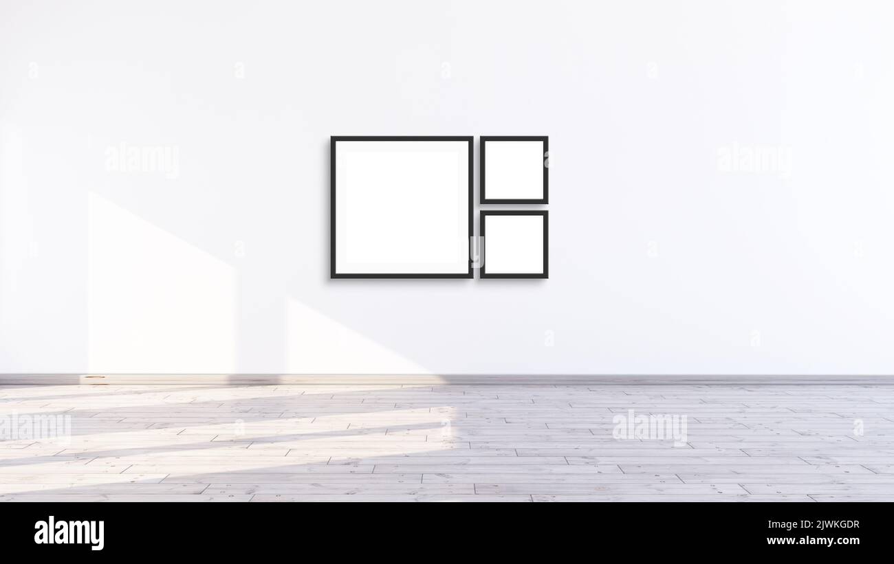 Three empty square black frame mock up in a white room, 3d illustration ...