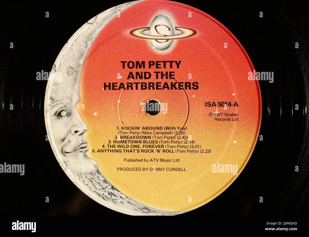 Photo close up of a centre label on an original 1977 pressing of a vinyl disc Tom Petty and the Heartbreakers Stock Photo