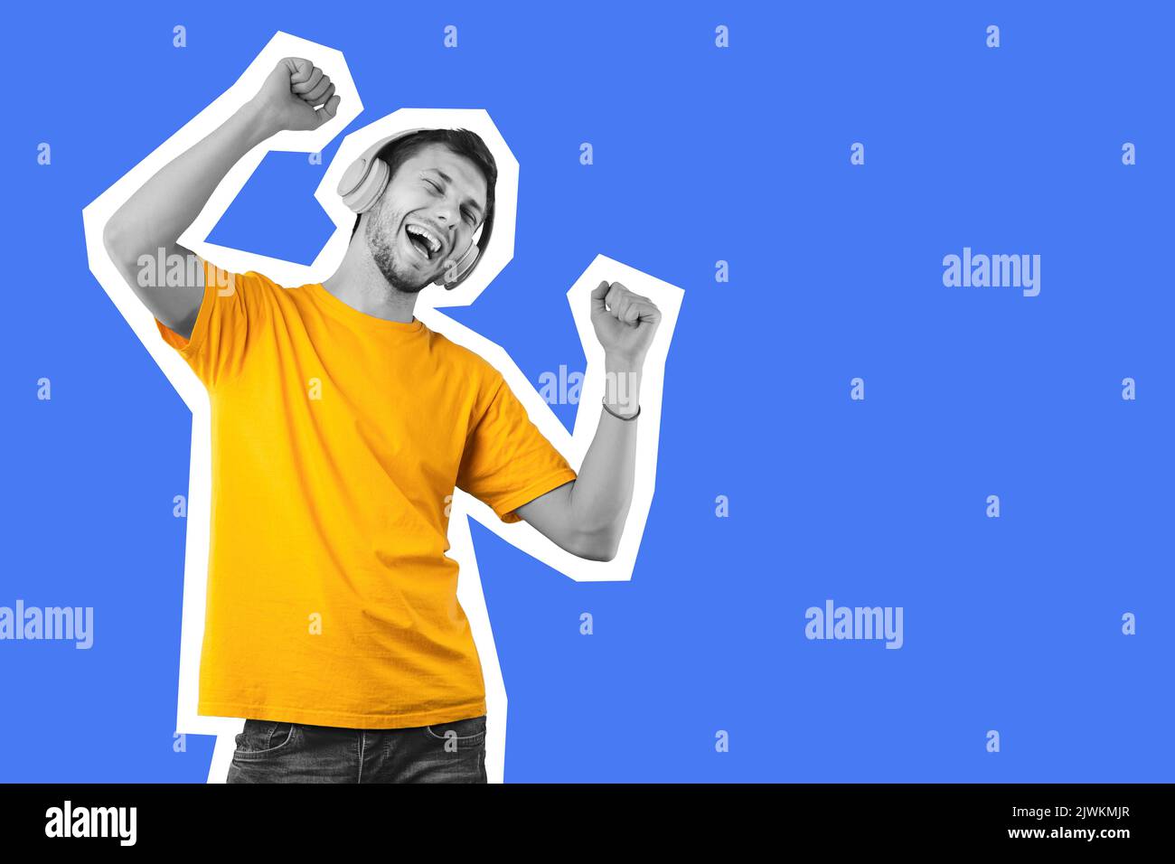 Happy millennial guy using wireless headset, dancing and singing, collage Stock Photo