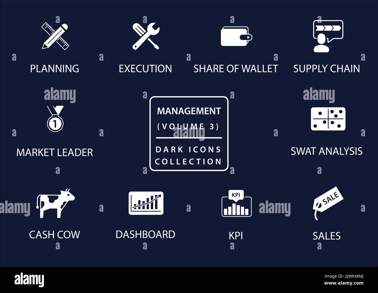 Management vector icon set in flat design and dark mode Stock Vector