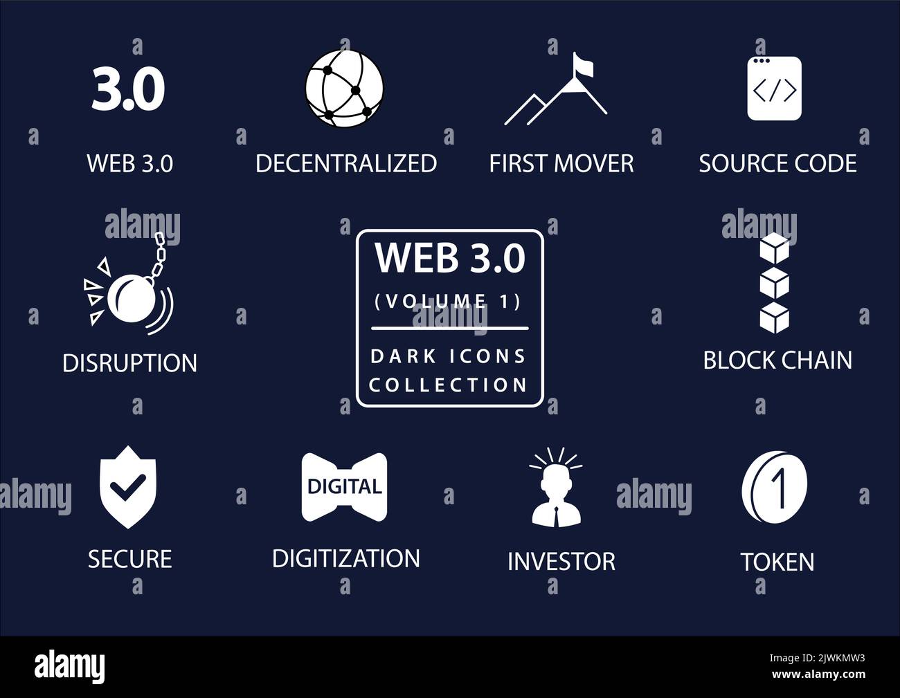 Web 3.0 vector icon set in flat design and dark mode Stock Vector