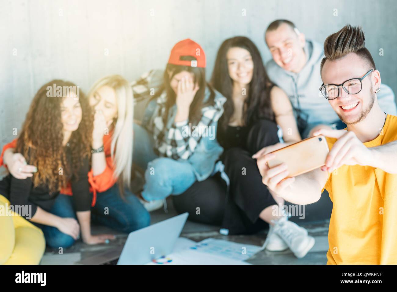 guy smartphone group selfie youth team creativity Stock Photo