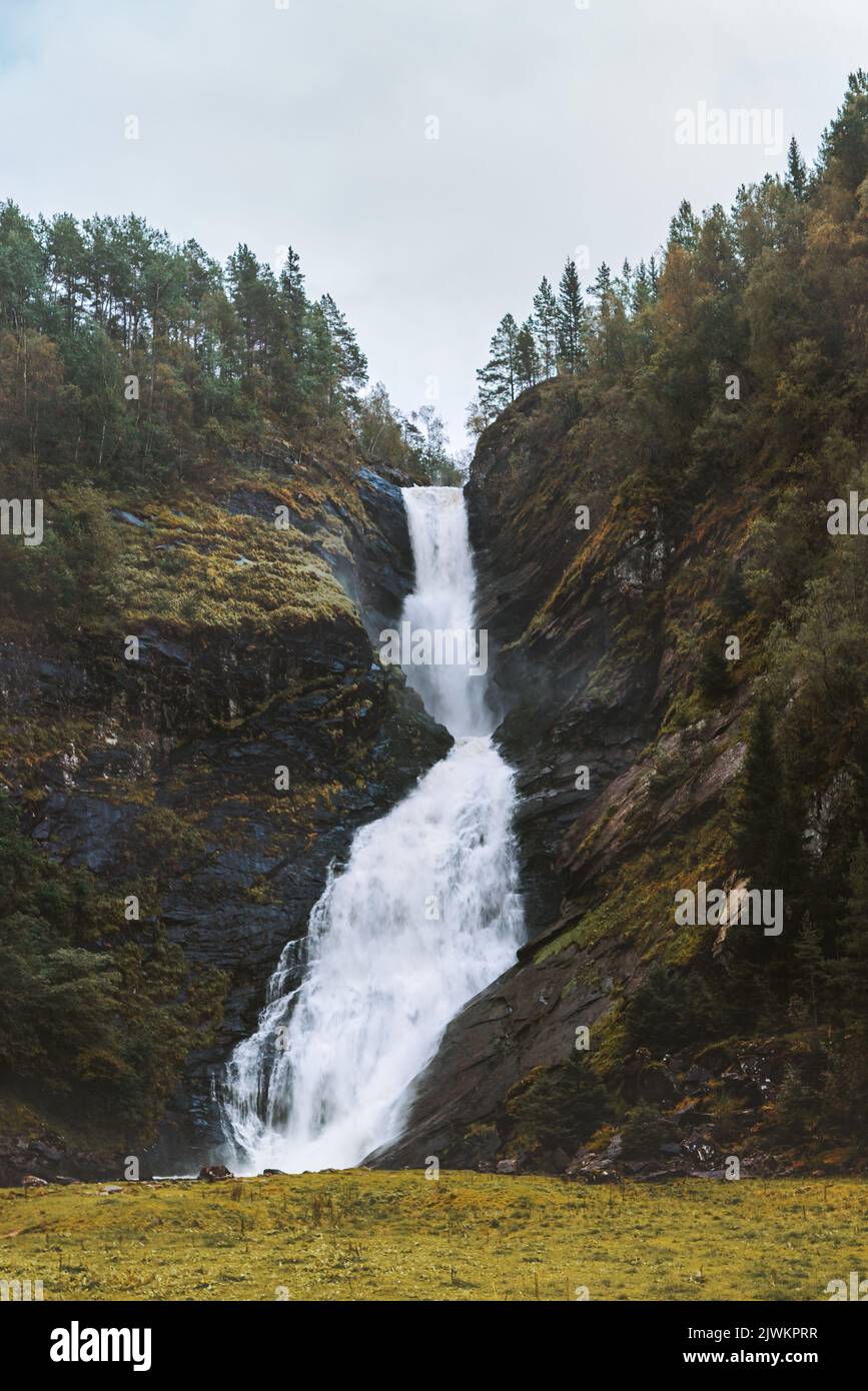 Landscape Huldefossen Waterfall In Norway Scandinavian Nature Landmark